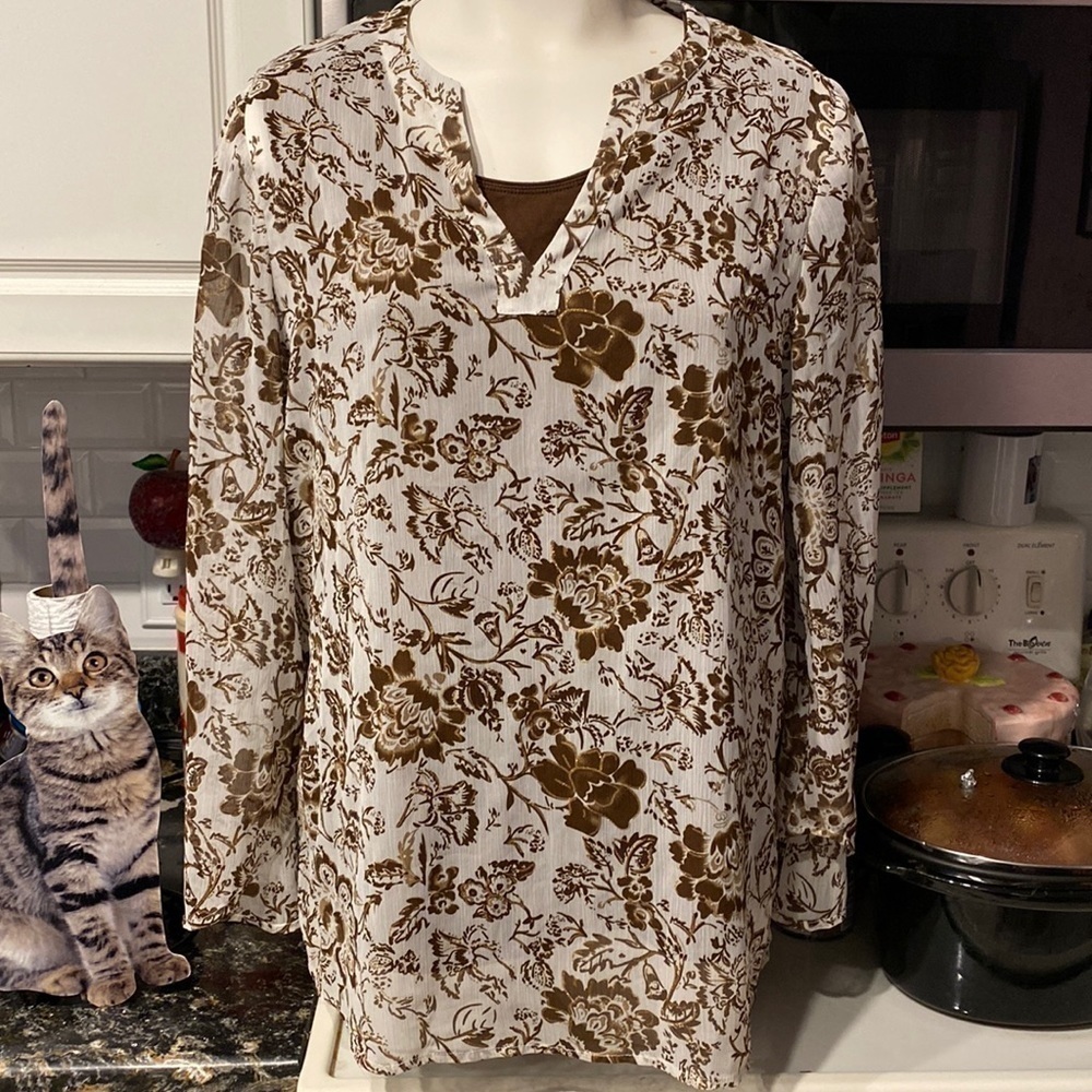 d womens Susan Graver 2 pc brown floral long sleeve regular size blouse size L